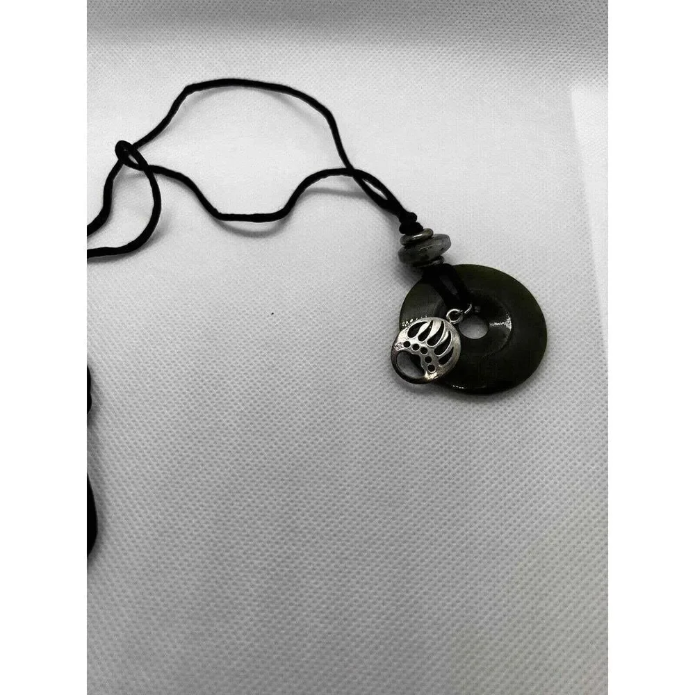 Jade‎ Donut & silver bear paw pendant necklace unisex women men AOS-B